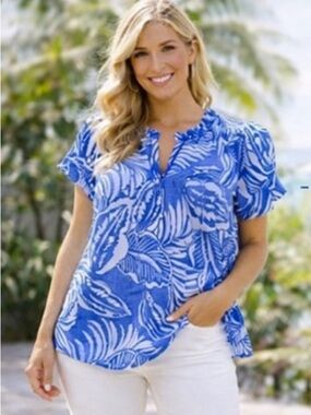 NWT CeCe Blue Leaf Print Puff Sleeve Blouse Small Coastal Resort Lightweight Top